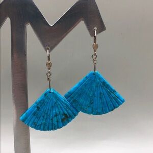 Sterling silver turquoise boho statement fan shape textured earrings long dangle